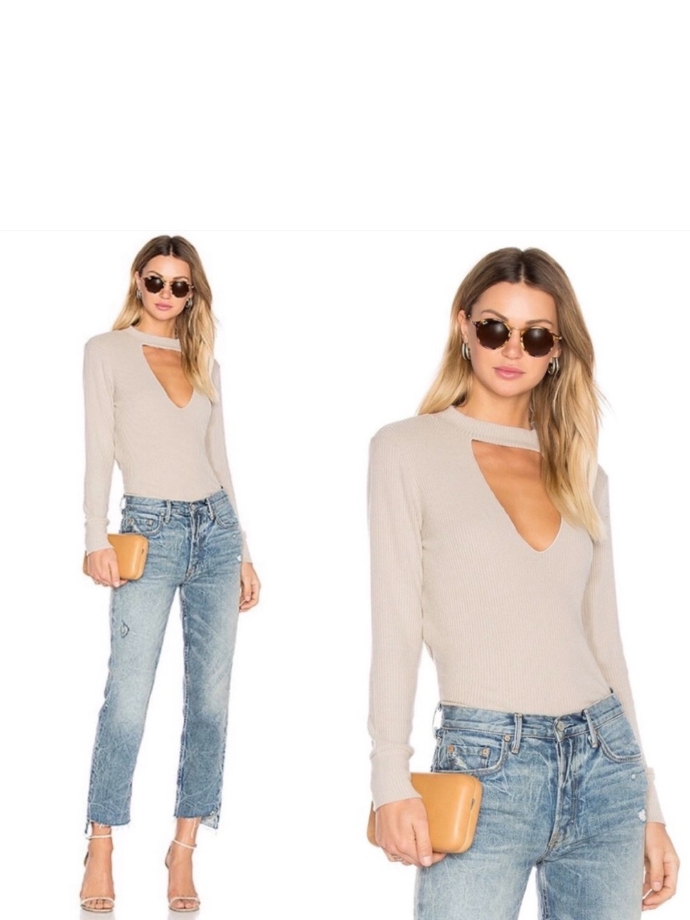 LNA Ribbed Long-Sleeve Top with Front Cutout in GREY